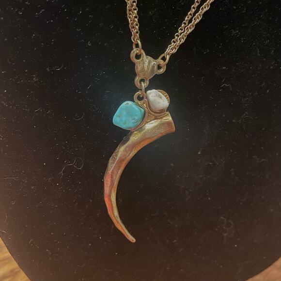 Gold Tone Pendant Necklace & Earrings Jewelry Set w/ Turquoise Stone - Picture 2 of 8